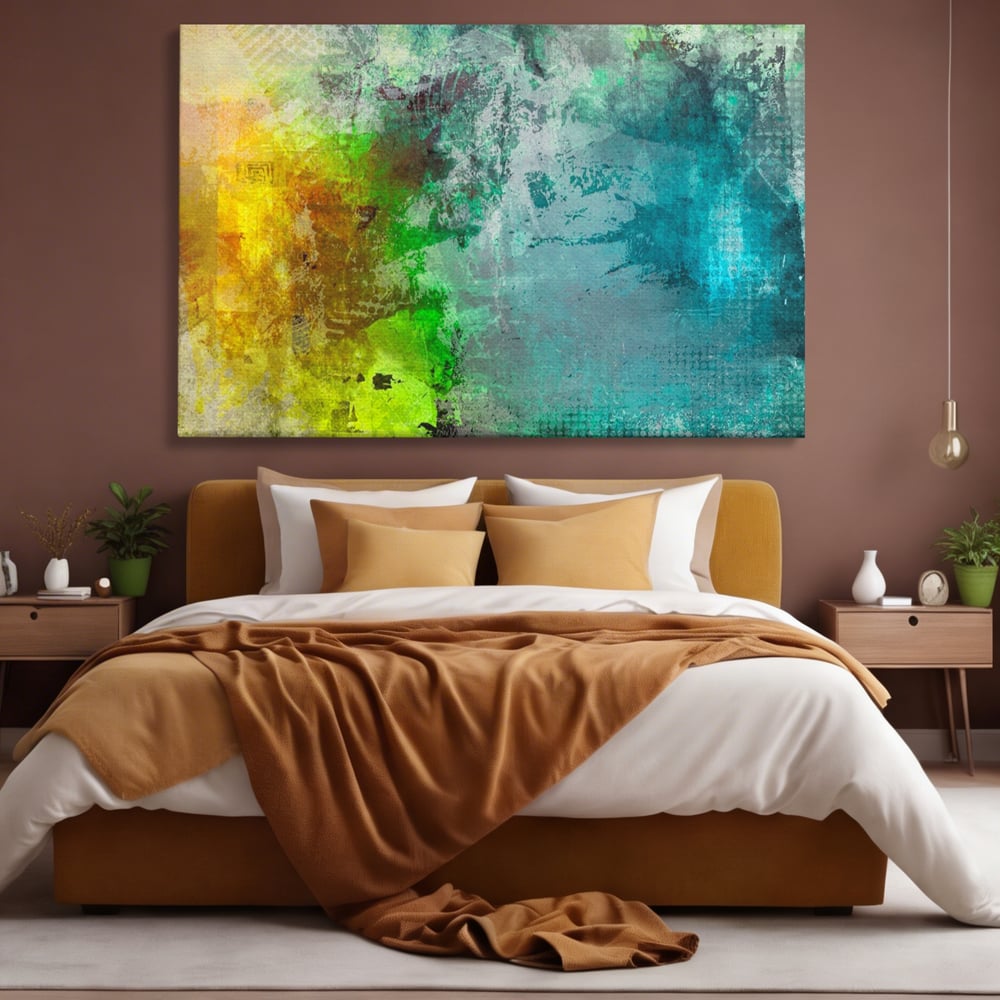 Tablou canvas cu tablou canvas cu compozitie abstracta, fara rama, pe sasiu de lemn, pe perete intr-un dormitor
